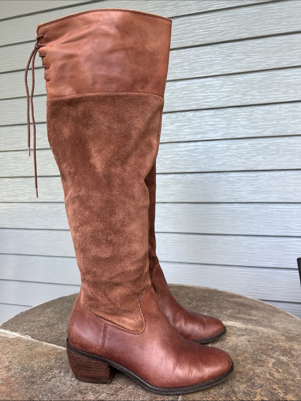 Lucky Brand Komah Over The Knee Boot Rear Lace OTK brown leather/suede combo sz9